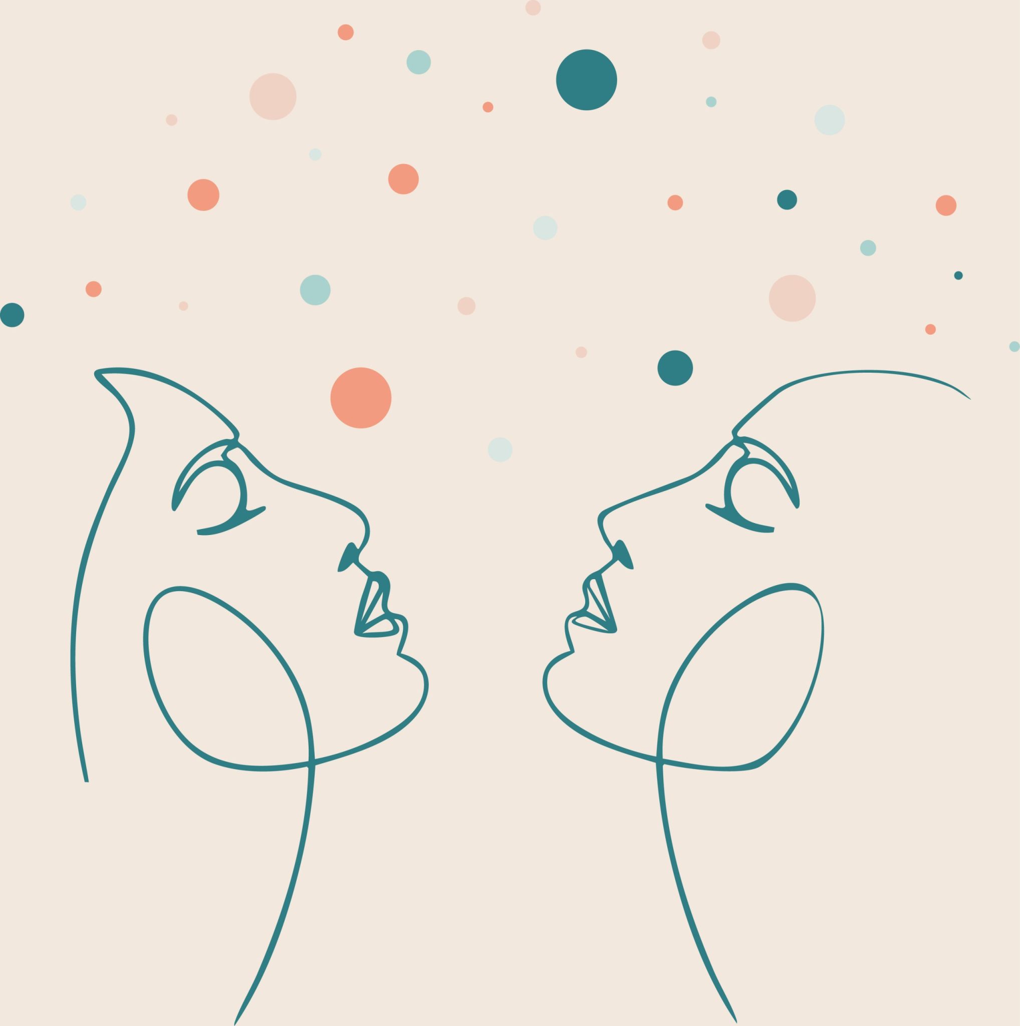 Illustration pour le formulaire de contact, réalisé par Jade Barbier. Deux visages, face à face ayant les yeux fermés. Au dessus de leurs têtes, des petits ronds de différentes tailles et couleurs sont en suspensions.