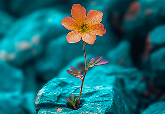 Une fleur pousse dans des rochers, symbole de résilience illustrant la thérapie centrée solutions.